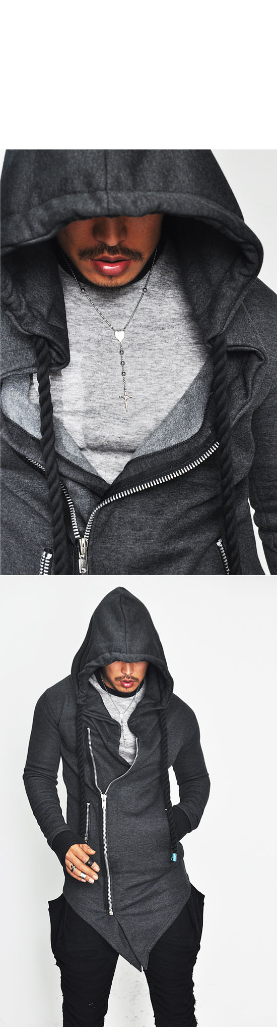 Diagonal Haute Couture Men's Big Hood Designer Long Rope Jacket Hoodie